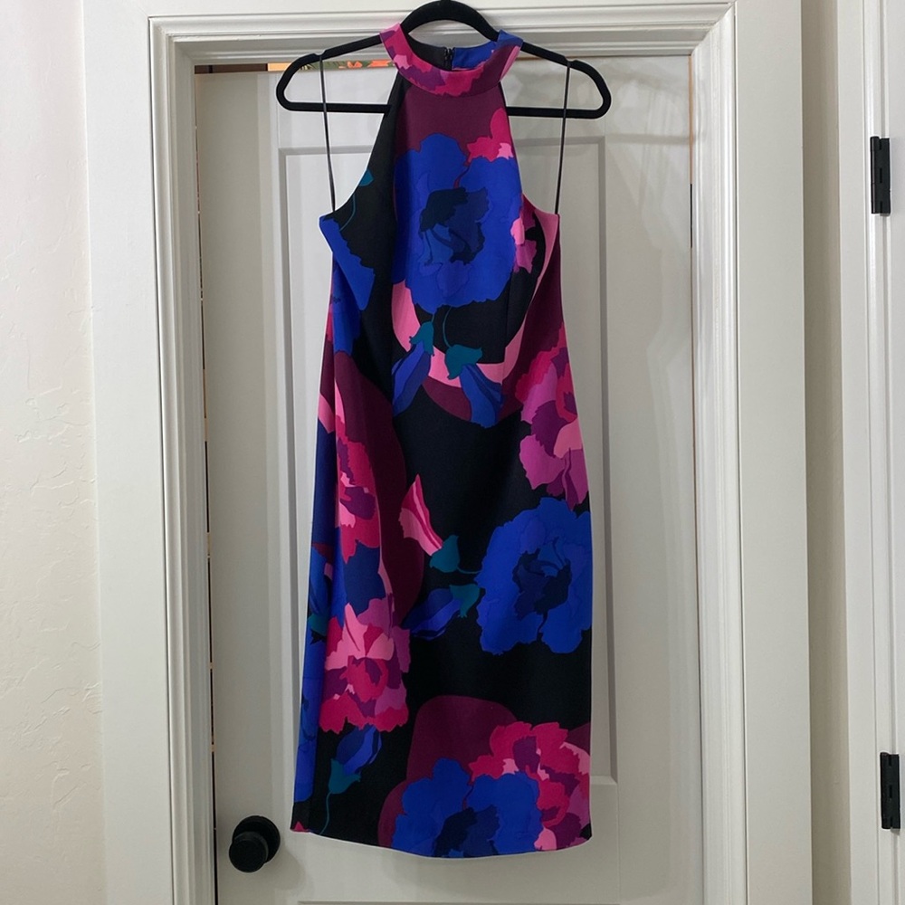Trina Turk Blue Floral Sleeveless Halter Shift Dress